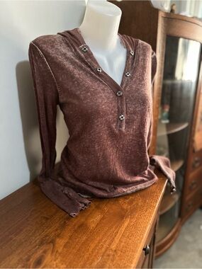 One Girl Who Washed lightweight cashmere blend Henley Hoodie with lace trim.